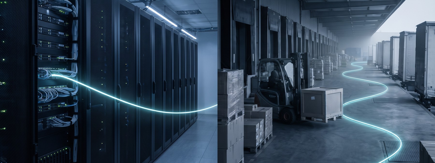 A single thread of light running from a server room across into a working logistics floor.
