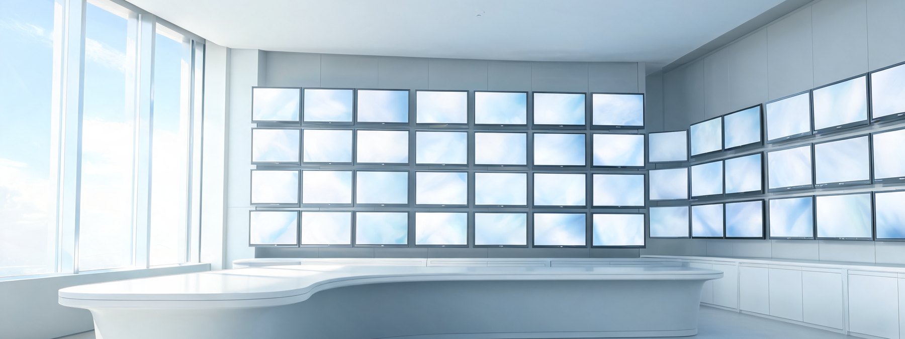 An industrial control room seen from the back, screens out of focus.