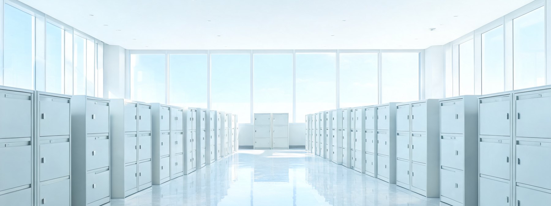 A quiet records room, long rows of identical filing units receding into cold light.