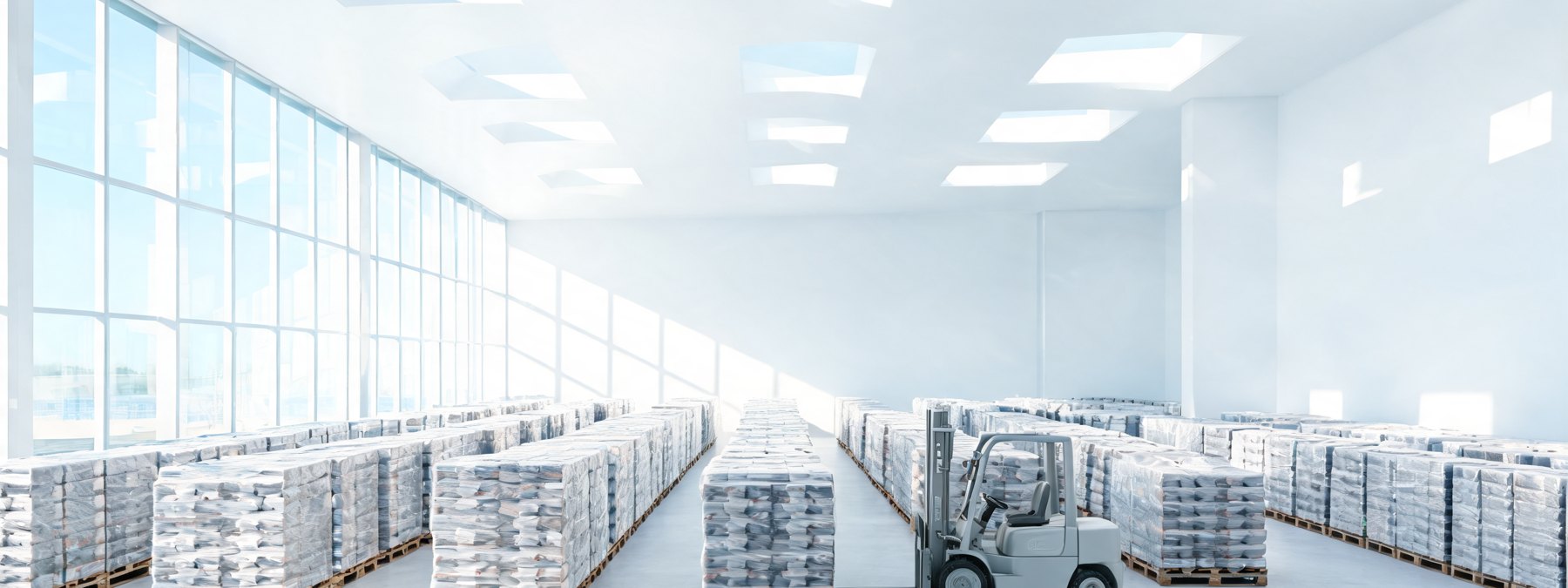 A distribution terminal floor at working pace, shot wide and cold.