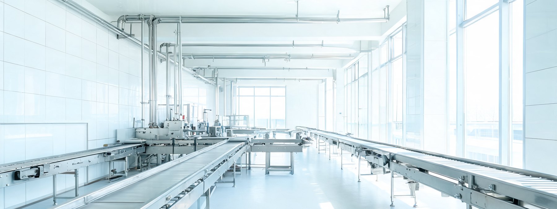 A processing line seen as clean stainless geometry under cold light.