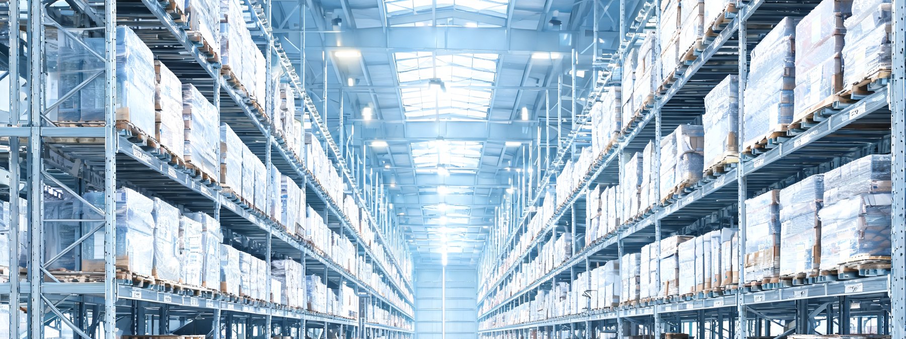 A tall cold-store aisle with frost haze catching the overhead light.